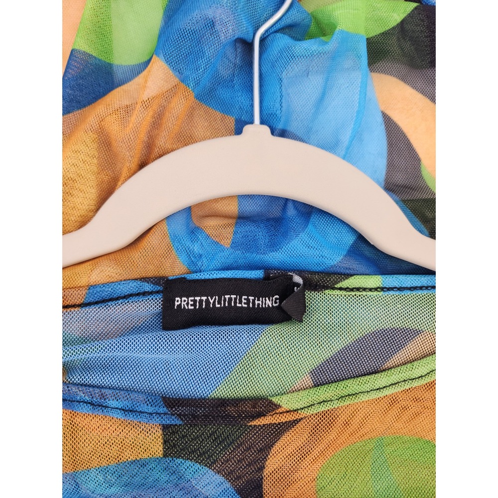 PrettyLittleThing Womens Blue Green Orange Abstract Mesh Long Sleeve Bodysuit - Picture 3 of 9
